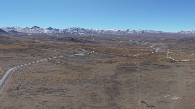 Aerial drone view of Gyatso La Pass, one of the highest highway mountain passes on the route to Mount Everest North Base Camp in Tibet, China.