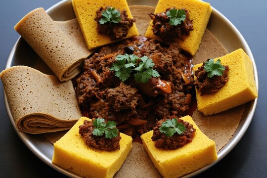 Close-up of Ethiopian doro wat served with injera bread and spongy bites. Rich meat stew garnished with fresh parsley makes a hearty and flavorful traditional meal.