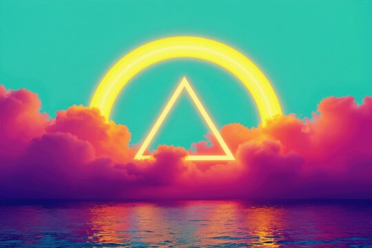 Neon triangle and arch glow over vibrant pink clouds above reflective ocean. Surreal fantasy landscape with vivid colors. Dreamy abstract background.