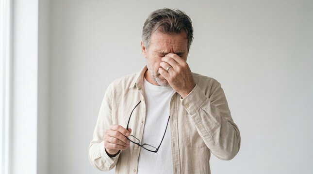 Middle aged man feeling tired and removing glasses to rub bridge of nose with headache exhausted eyestrain removing