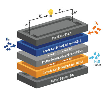 Hydrogen PEM Fuel Cell Cross-Section Educational Diagram, Anode Cathode Membrane Layers Clean Energy Technology