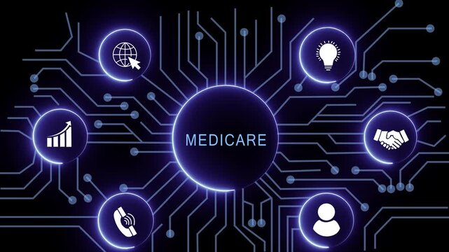 MEDICARE concept with circuit lines and digital symbols hovering above a businessman, technology. manufacturing process management all connected in a digital circle like pattern.