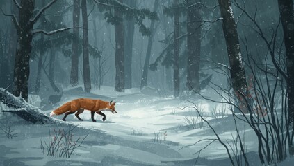 Fototapeta premium Fox walking through a snowy forest landscape