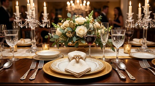 Elegant formal dinner table setting with white roses and candles