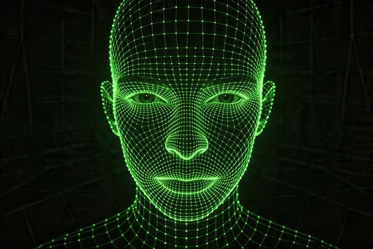 Green Wireframe Human Face Digital Grid Futuristic AI Concept