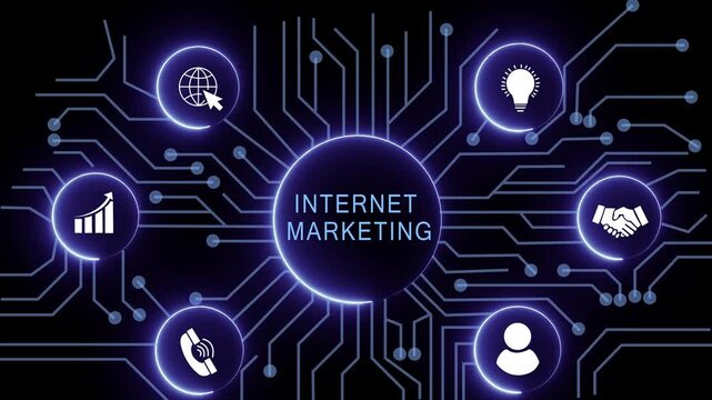internet marketing concept with circuit lines and digital symbols hovering above a businessman, technology. manufacturing process management all connected in a digital circle like pattern