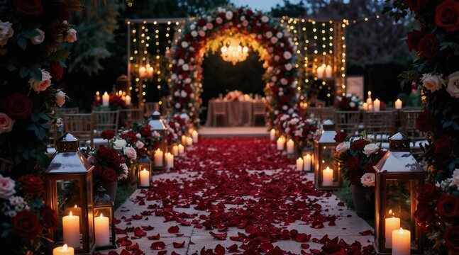 Wedding ceremony aisle covered in rose petals. Archway with flowers and lights, candle lanterns light garden path. Evening celebration scene.