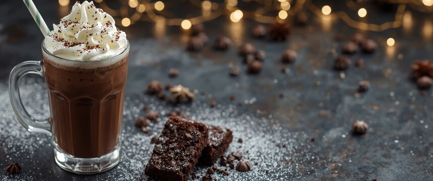 Chocolate drink with whipped cream and brownies on dark table