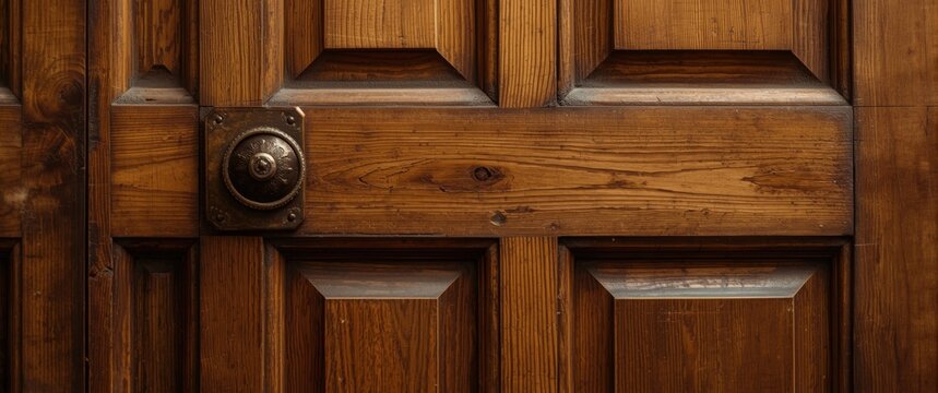 Wooden door with intricate panels and a round knob