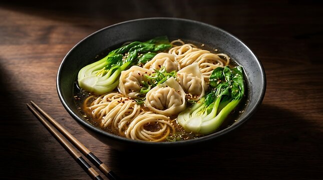 Bowl of hot wonton noodle soup with bok choy, garnished with green onions on a dark wooden table with chopsticks, asian style