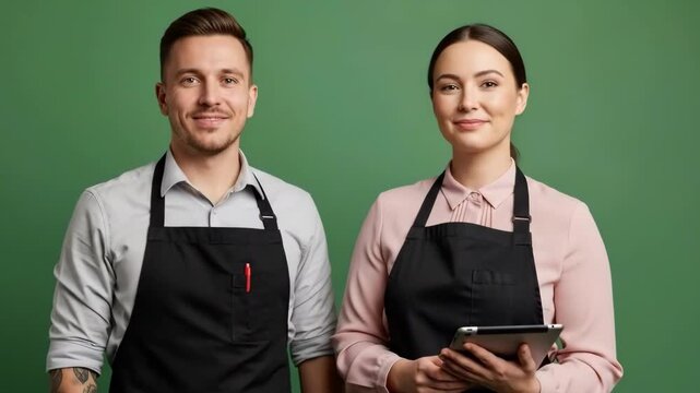 Friendly young male and female food service staff wearing black aprons