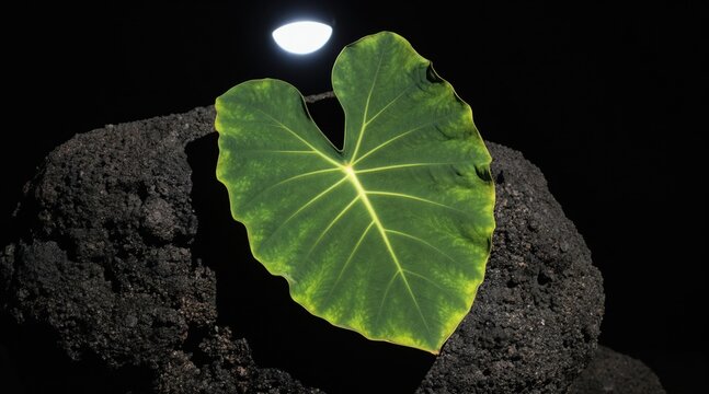 Green elephant ear plant leaf rests on dark volcanic rock. Light shines from above, highlighting leaf veins and texture. Minimalist nature scene with stark contrast.