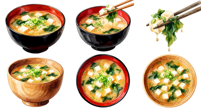 味噌汁のイラストセット,水彩風の豆腐とわかめのおみそ汁,汁椀と木製椀とお箸,和食定食メニュー,手描きベクター