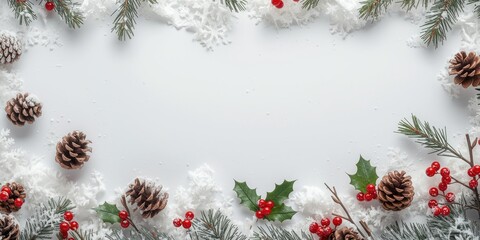 Fototapeta premium Winter holiday scene with white background decorated with snow cones and bright holly berries