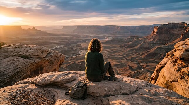 Woman sitting on a rock ledge overlooking a vast canyon at sunset