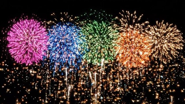 A vibrant video showcasing colorful fireworks exploding against a dark night sky, creating a spectacular and celebratory display.
