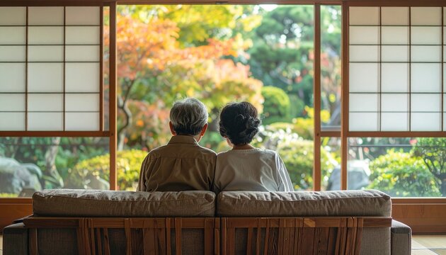 庭を眺めながら過ごすシニア夫婦