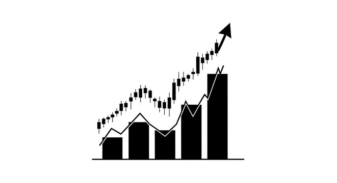 Black and white financial bar chart with stock market candlesticks showing upward growth trend representing business success candlestick business investment analysis accounting
