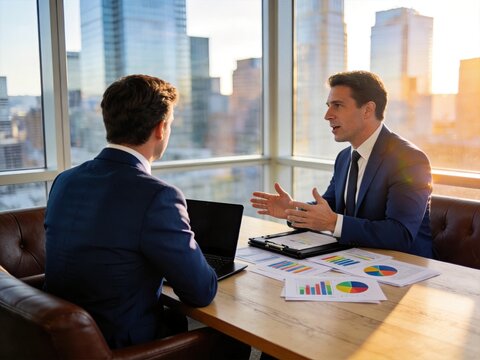 Two businessmen discussing financial reports and charts during meeting in modern office with city skyline view, representing corporate strategy, investment planning
