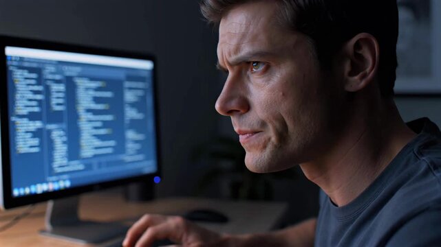 Male programmer analyzing code in close-up side portrait, furrowed brow and tense expression revealing worry, fatigue and deep focus while monitor data glows in a dim office workspace at night.