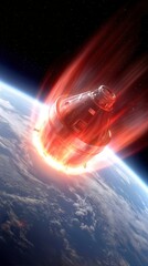 Fototapeta premium Space capsule reentering atmosphere with intense heat shield glow. Fictional spacecraft descending toward planet surface during orbital return mission.