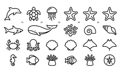 Ocean line icons set with editable stroke minimal sea life and marine outline symbols vector illustratio © ABDUL STUDIO