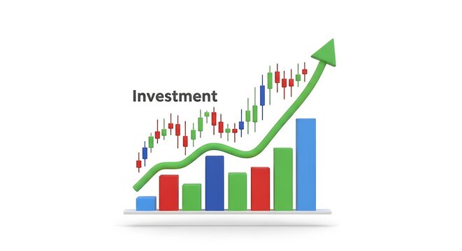 Rising bar chart showing financial investment growth with uptrend arrow and candlestick patterns representing stock market analysis investment business analysis candlestick financial