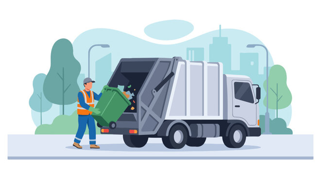 Professional Waste Management Crew Collecting Trash with Garbage Truck, Municipal Cleaning Service Illustration