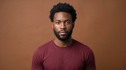 Obraz premium Portrait of a handsome young black man with a beard looking at the camera against a brown background, well groomed