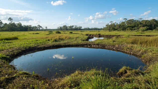 Lush wetland featuring natural tar pit water pools reflecting the open sky with surrounding grass and trees