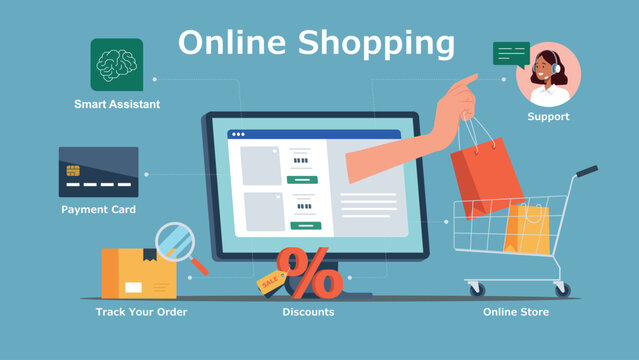 Online shopping concept with hand computer cart payment card discount support vector illustration.eps