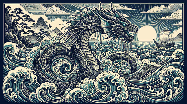 Detailed Vintage Style Illustration Featuring A Majestic Sea Dragon Rising From Ocean Waves