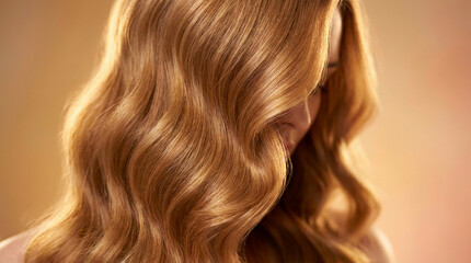 Naklejka premium Close-up of a woman's lustrous, wavy auburn hair with soft lighting