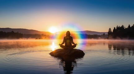 Obraz premium Person sits in lotus pose on rock in lake at dawn. Rainbow aura surrounds figure as mist rises from water reflecting sun. Calm nature scene promotes inner peace.