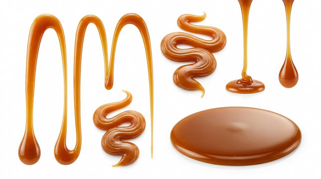 Viscous caramel sauce drizzles and swirls on a clean white background