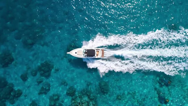 White speedboat cruising through crystal clear turquoise water leaving wake over tropical coral reef