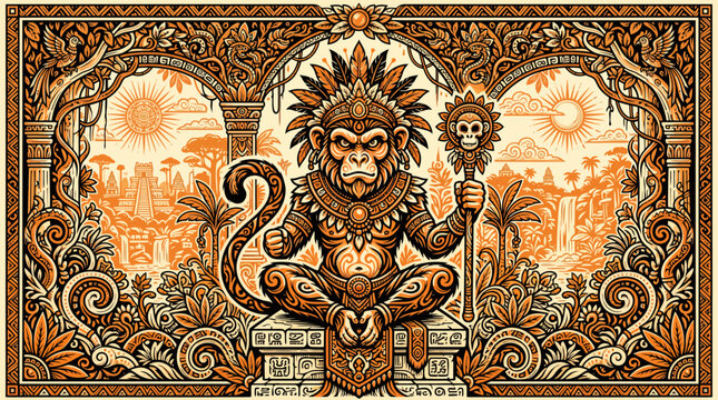 Tribal monkey king with intricate ethnic patterns and jungle background illustration