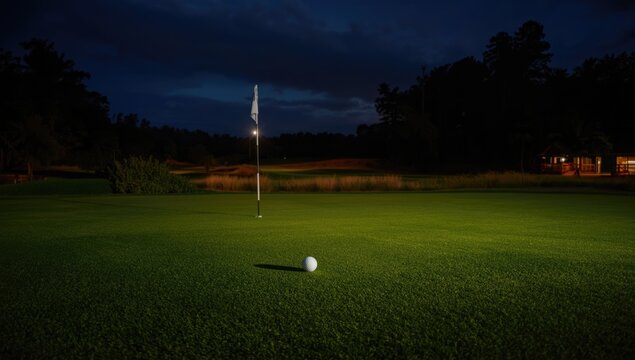 The final stretch of a long golf putt on the lush putting surface as night nears