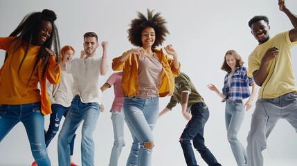 Fototapeta premium Group of diverse energetic young friends dancing together in a modern bright studio with happiness movement cheerful celebration lifestyle togetherness