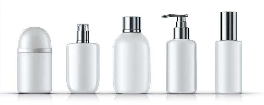 Set of Five White Cosmetic Bottles on White Background.