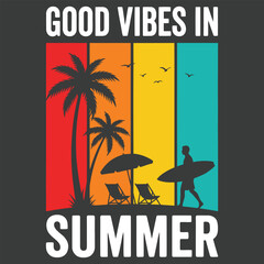 Good vibes in summer with palm trees and surfer on colorful background © firoz