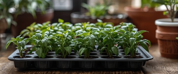 Fototapeta premium Trays of young green plants in a sunny indoor garden