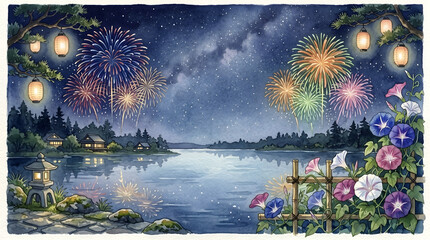 Fototapeta premium 天の川と打ち上げ花火が輝く幻想的な夏の夜の水彩イラスト