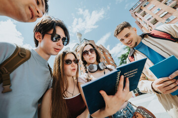 Fototapeta premium A group of students gather around a notebook while studying and discussing together outdoors. Young friends stand in front of campus buildings, reading notes and sharing ideas on a sunny day.