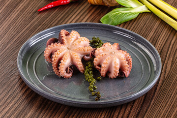 Boiled octopus with green peppercorns on a ceramic plate © Andrei Starostin