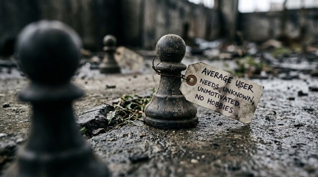Conceptual chess pawn with average user tag, symbolic game pieces in abandoned ruins, social commentary on unmotivated demographic