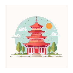 Fototapeta premium Flat design illustration of a red Japanese pagoda with trees and sun