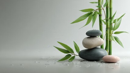 Naklejka premium Balanced Zen Stones with Green Bamboo Stems and Leaves on Grey Background with Copy Space