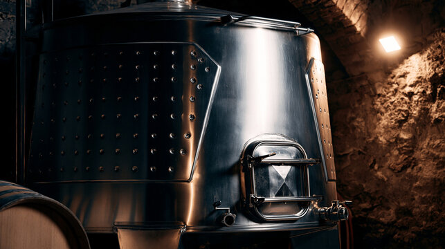 fermenter. Large stainless steel fermenter in a dimly lit wine cellar. bar promotions, beverage menus, designed for food & beverage menus and cafe branding, elevates brand perception.