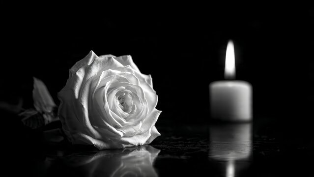 White Rose and Burning Candle on Dark Reflective Surface, Mourning and Condolence Concept